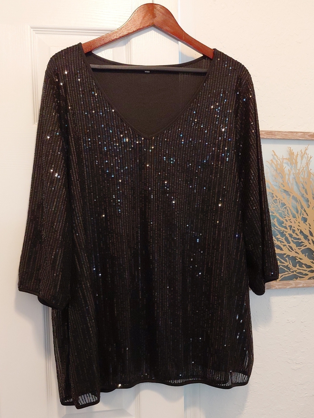 Women's Black Sequin V-Neck Tunic Top